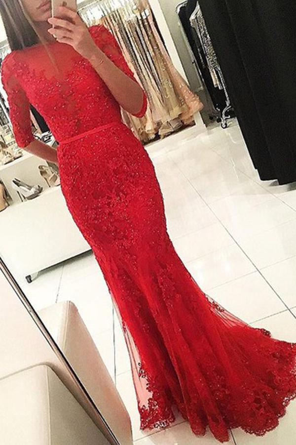 New Arrival Red Mermaid Prom Dresses, Half Sleeve Appliques Tulle Long
